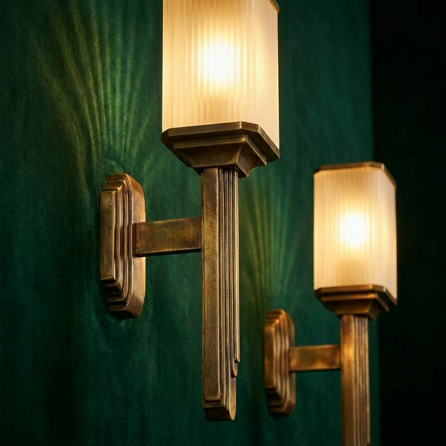 Art Deco brass sconces with frosted glass on emerald velvet wall