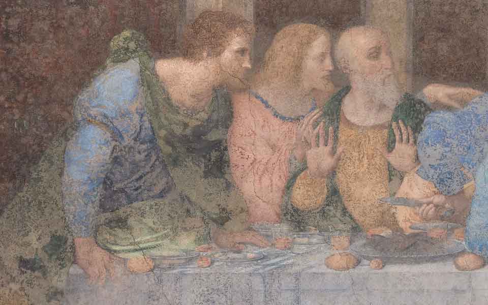 Close-up of three apostles on the left side of The Last Supper