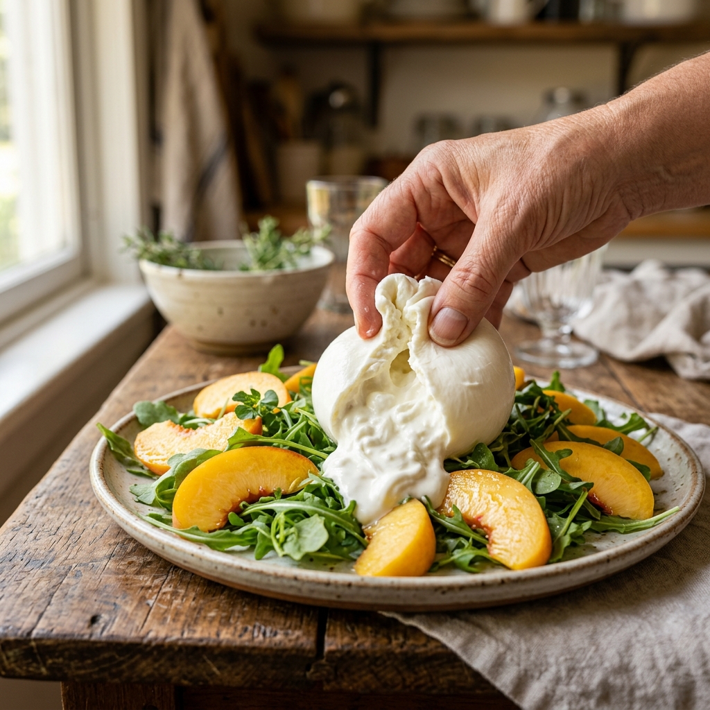 Close-up of fresh burrata cheese torn open next to ripe yellow peaches on arugula
