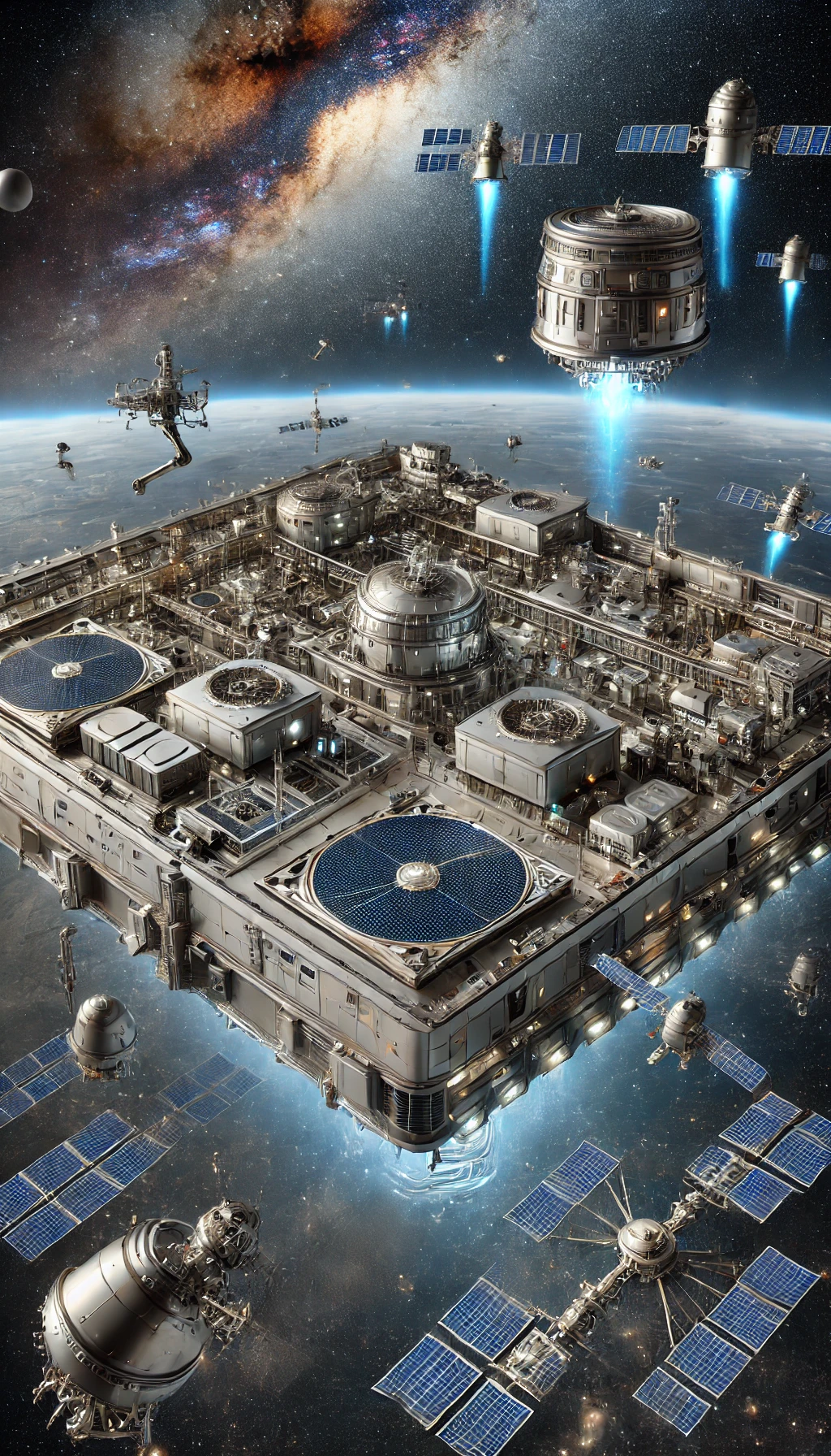 DALL-E semiconductor facility in space being serviced by robotic arms