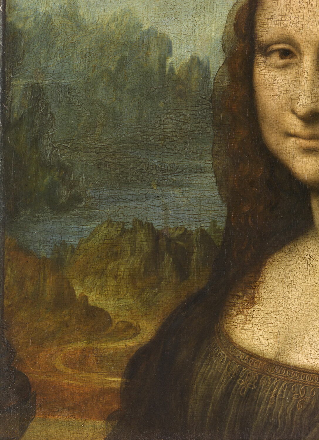 Detail of the Mona Lisa with a winding landscape behind her