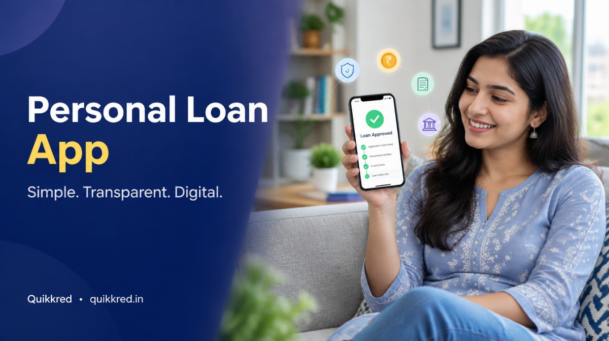 Personal loan app by Quikkred: a woman checking a short-term loan decision on her smartphone