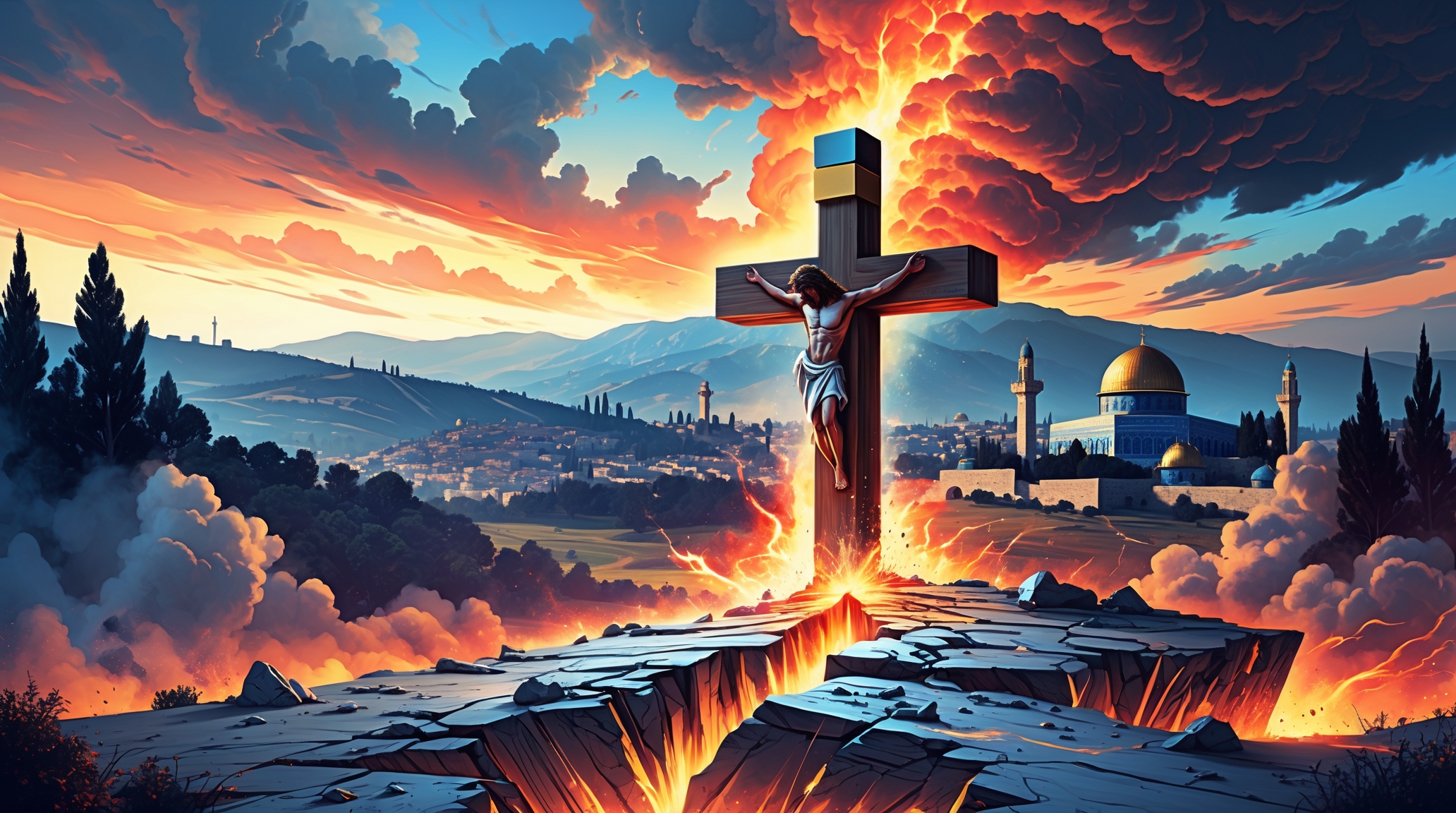 Cinematic illustration of Jesus on the cross as the ground splits beneath Him, with fire-lit cracks, storm clouds, and Jerusalem in the distance.