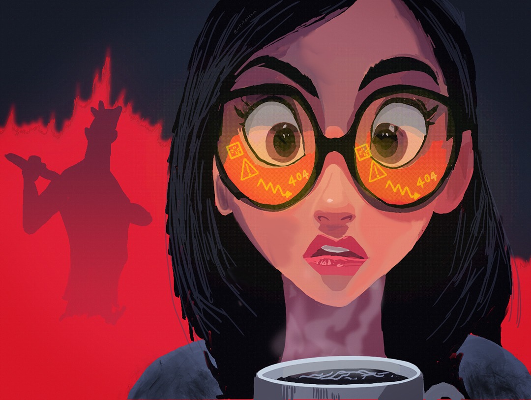 A worried product manager with AI warning signals reflected in her glasses