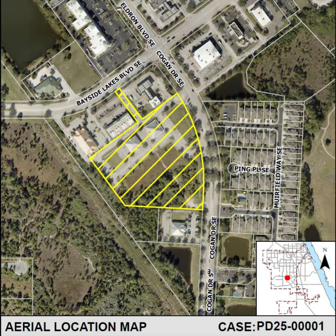 Aerial location map highlighting Lot 14 of the Bayside Lakes Commercial Center, the proposed site for the Cogan Plaza Self-Storage project.