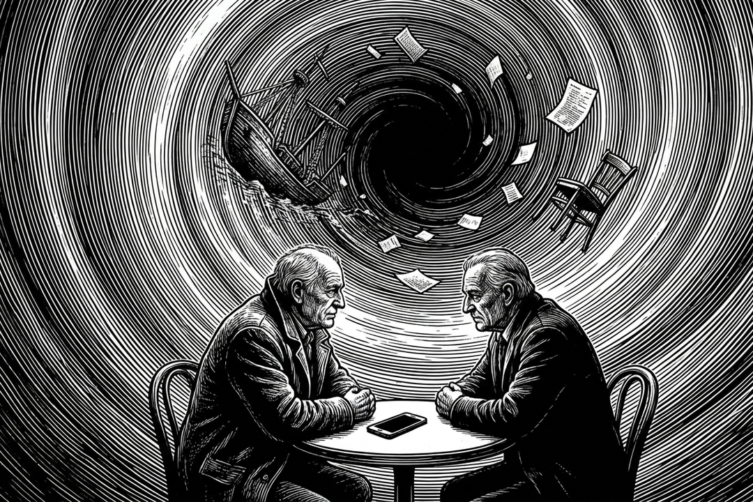 Black and white woodcut-style image of two older men seated at a small table beneath a swirling vortex of papers, a ship, and an empty chair.