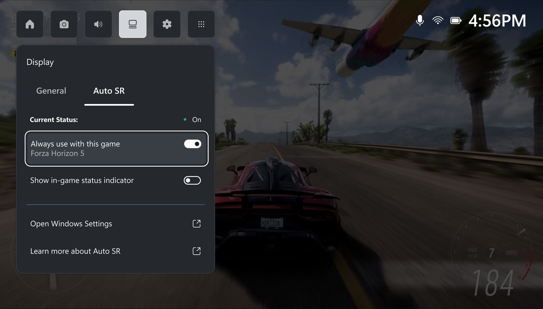 Auto SR running in Forza Horizon 5 on ROG Xbox Ally X — 1440p-equivalent output
