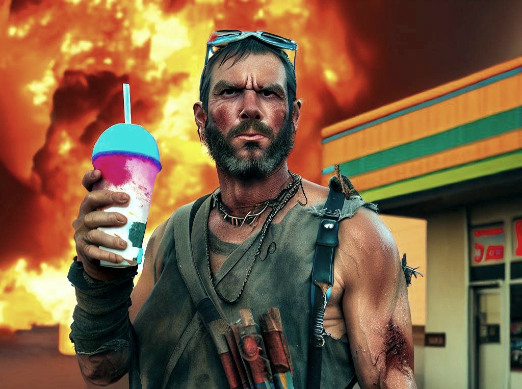A rough guy with an explosion behind him holds a slurrpy.