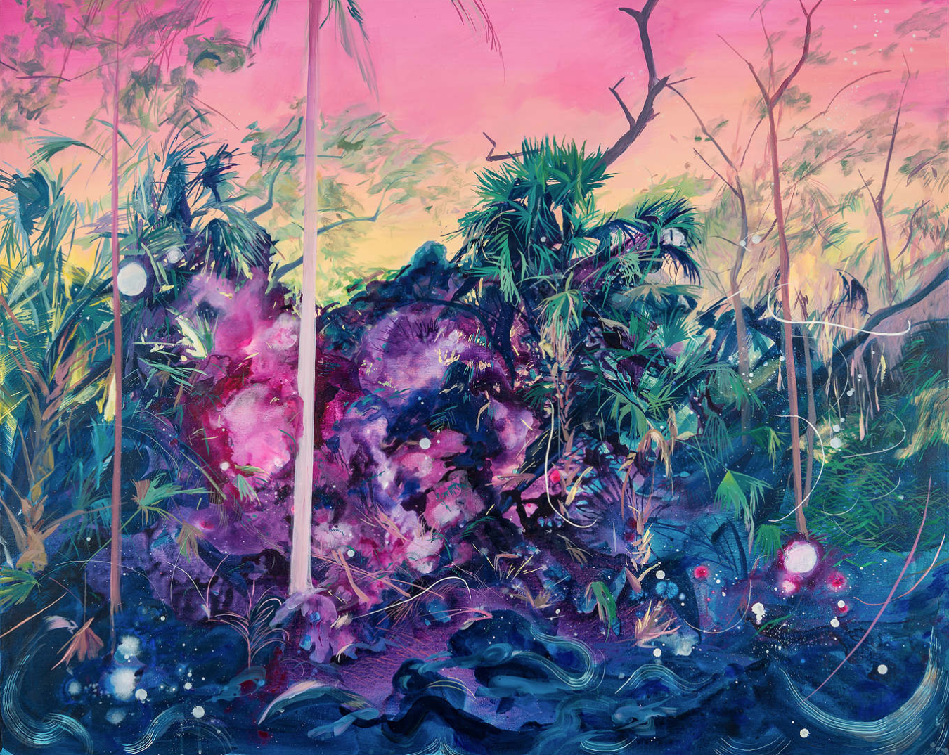 A large landscape painting in bright pinks, purples, greens, and yellows. Palm trees dominate the plantscape. A nebula blooms from its center. Marks like static or interference seem to zip across its surface.