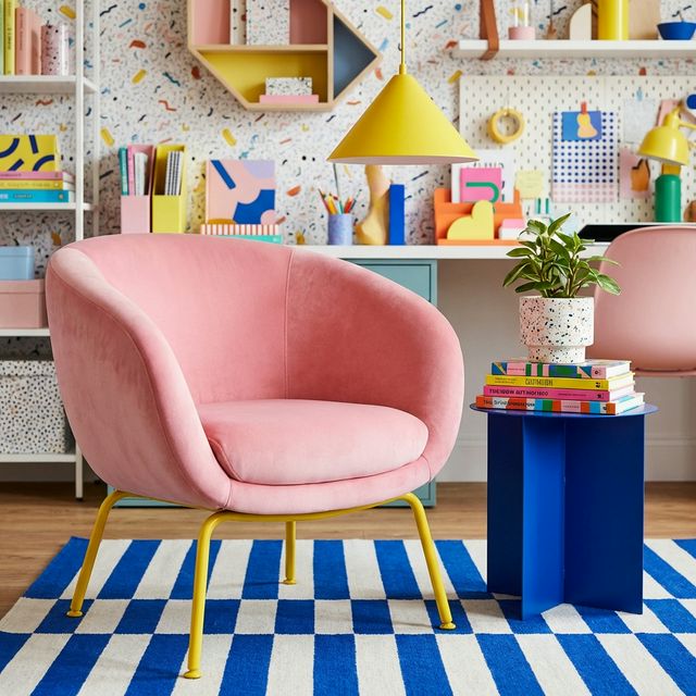 Bubblegum pink accent chair in FunHaus office vignette