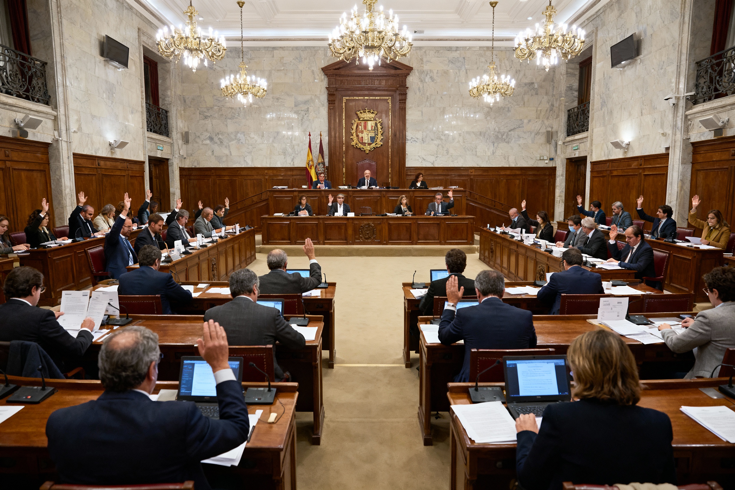 Salón de Plenos de Oviedo en votación presupuestaria.