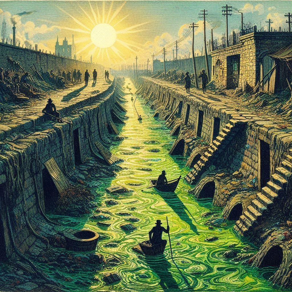 As we passed along the reeking banks of the sewer the sun shone upon a narrow slip of the water. In the bright light it appeared the colour of strong green tea, and positively looked as solid as black marble in the shadow—indeed it was more like watery mud than muddy water; and yet we were assured this was the only water the wretched inhabitants had to drink. As we gazed in horror at it, we saw drains and sewers emptying their filthy contents into it; we saw a whole tier of doorless privies in the open road, common to men and women, built over it; we heard bucket after bucket of filth splash into it . . . – Henry Mayhew (1812–1887), September 24, 1849 As we passed along the reeking banks of the sewer the sun shone upon a narrow slip of the water. In the bright light it appeared the colour of strong green tea, and positively looked as solid as black marble in the shadow—indeed it was more like watery mud than muddy water; and yet we were assured this was the only water the wretched inhabitants had to drink. As we gazed in horror at it, we saw drains and sewers emptying their filthy contents into it; we saw a whole tier of doorless privies in the open road, common to men and women, built over it; we heard bucket after bucket of filth splash into it . . . – Henry Mayhew (1812–1887), September 24, 1849