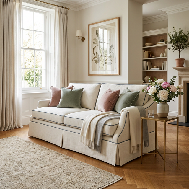 Elegant living room featuring a skirted sofa in ivory Belgian linen with contrast piping and kick pleats, styled with sage and dusty rose cushions, a cashmere throw, and fresh peonies on a brass side table