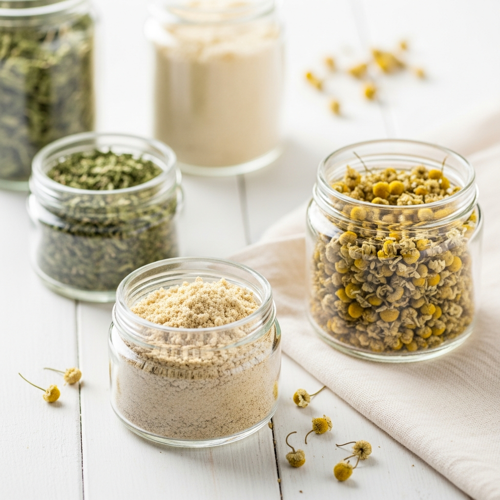 Light and airy close-up of small glass jars of dried herbs including slippery elm powder and chamomile on a white wooden surface, soft natural light, cream linen cloth beside them