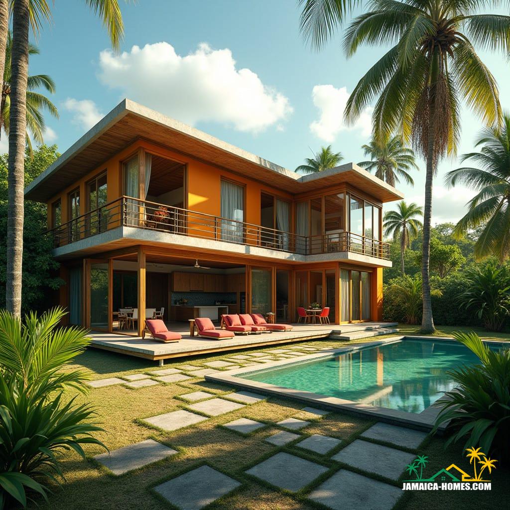 A modern home that celebrates Jamaican culture, blending contemporary architecture with vibrant local elements. The design incorporates bold colors, traditional Jamaican patterns, and materials like wood, stone, and bamboo. The home features open, airy spaces with large windows to let in natural light, a spacious outdoor patio, and tropical landscaping. Elements of Jamaican art and craftsmanship are showcased throughout, from handcrafted furniture to local artwork. The structure harmonizes with the natural surroundings, offering a seamless connection to the island’s rich cultural heritage. Vibrant, cultural, tropical, architectural, contemporary.