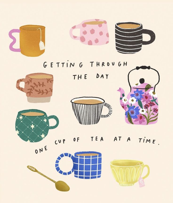 This may contain: there are many different cups and teas on this card, including one with the words gettin't through the day