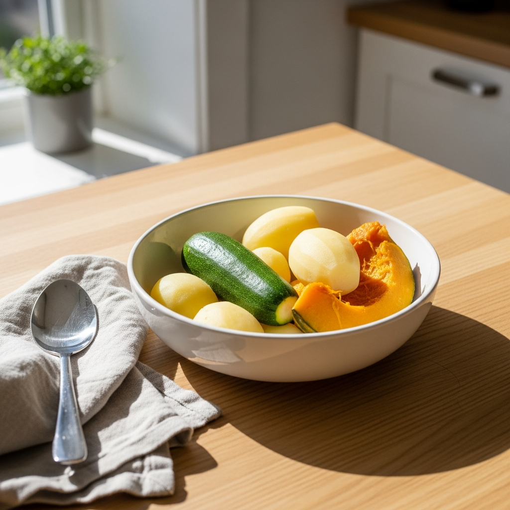Bright photograph of a light wood kitchen table with a white ceramic bowl of soft-cooked pale vegetables — zucchini, peeled potato, steamed pumpkin — in warm natural daylight, linen napkin to the side, clean and simple