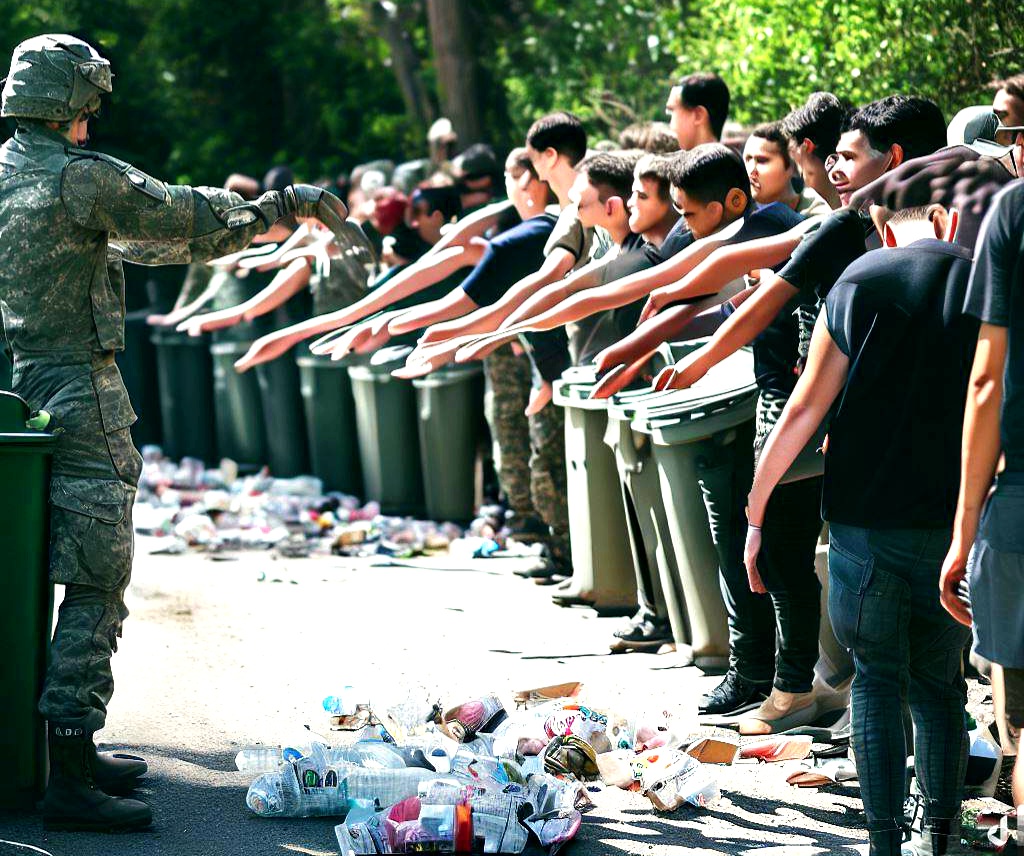 The military overseeing a line of young men droping their recycling before them or else face the consequences.