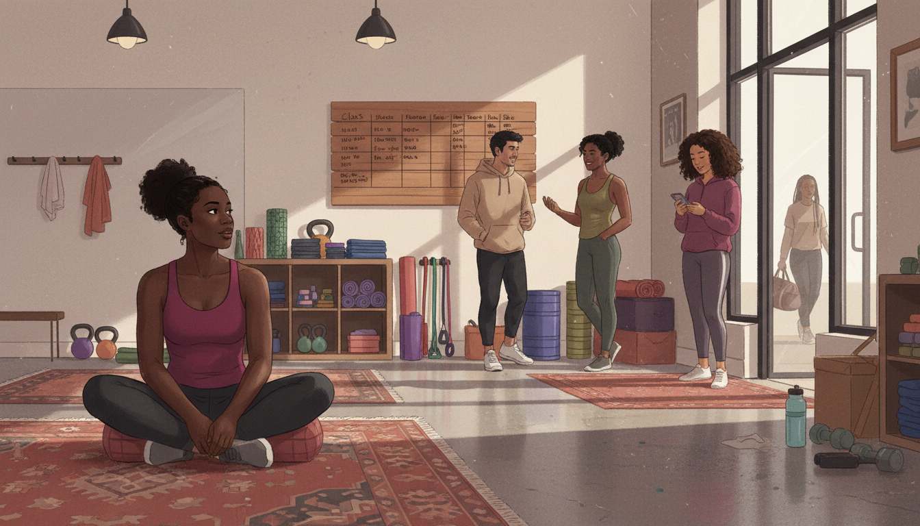 Black woman seated in a boutique fitness studio while members talk and move through the space around her.