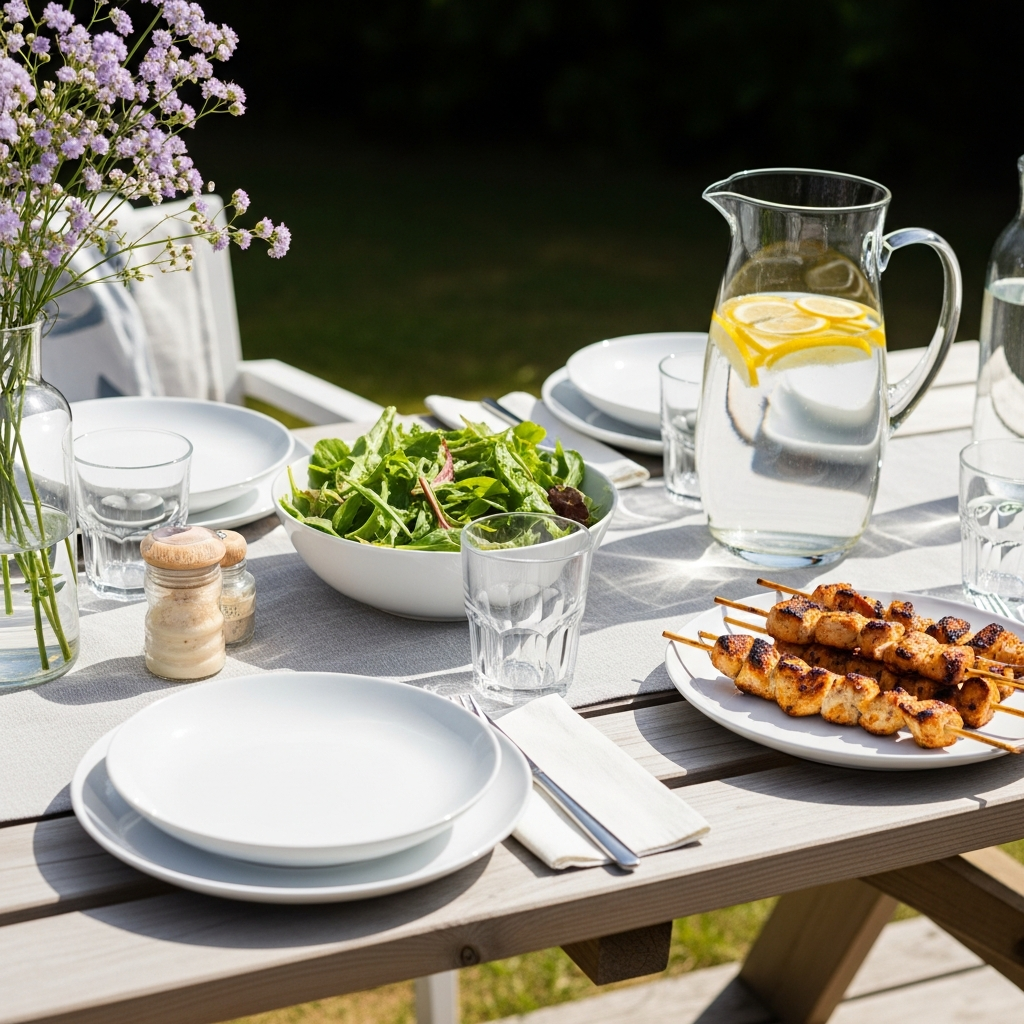 Bright photograph of a sunlit backyard table set for a summer gathering — white plates, a simple green salad, grilled chicken skewers, and a pitcher of water with lemon slices, on a light wood picnic table with soft natural daylight