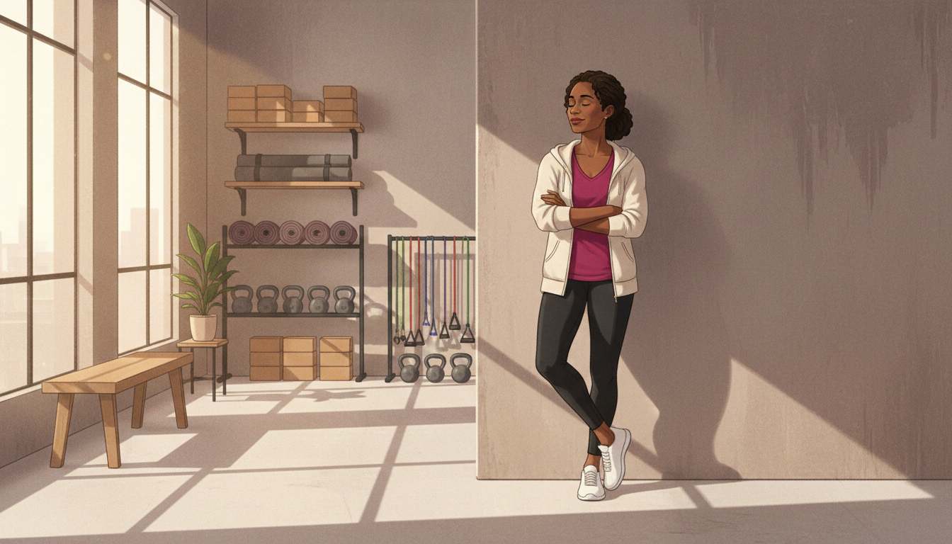Black woman fitness leader resting thoughtfully in a warm wellness studio.