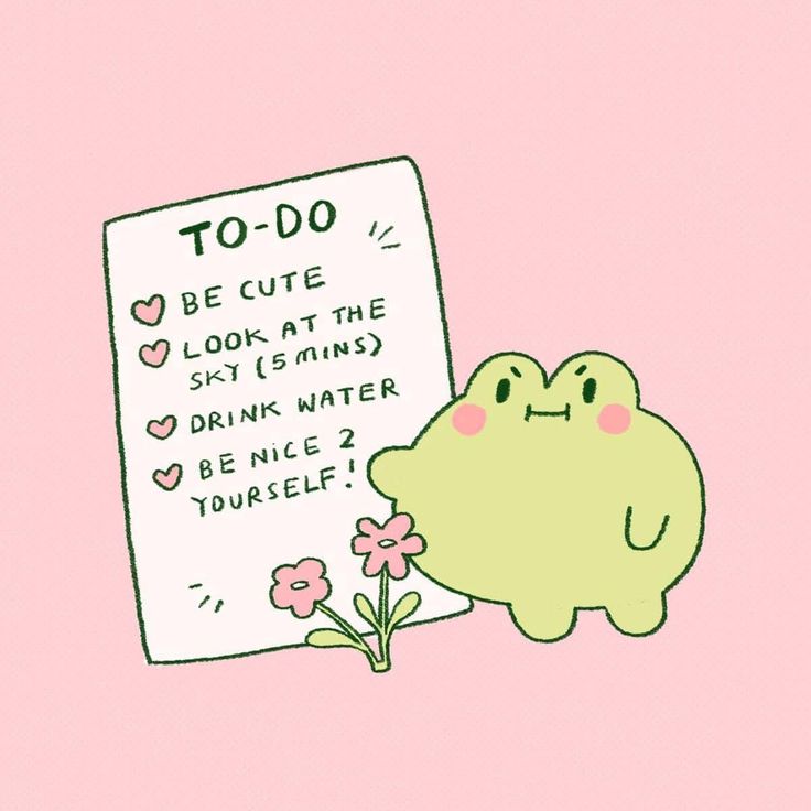 This may contain: a cartoon character holding a sign that says to - do be cute look at the sky and drink water before you're yourself