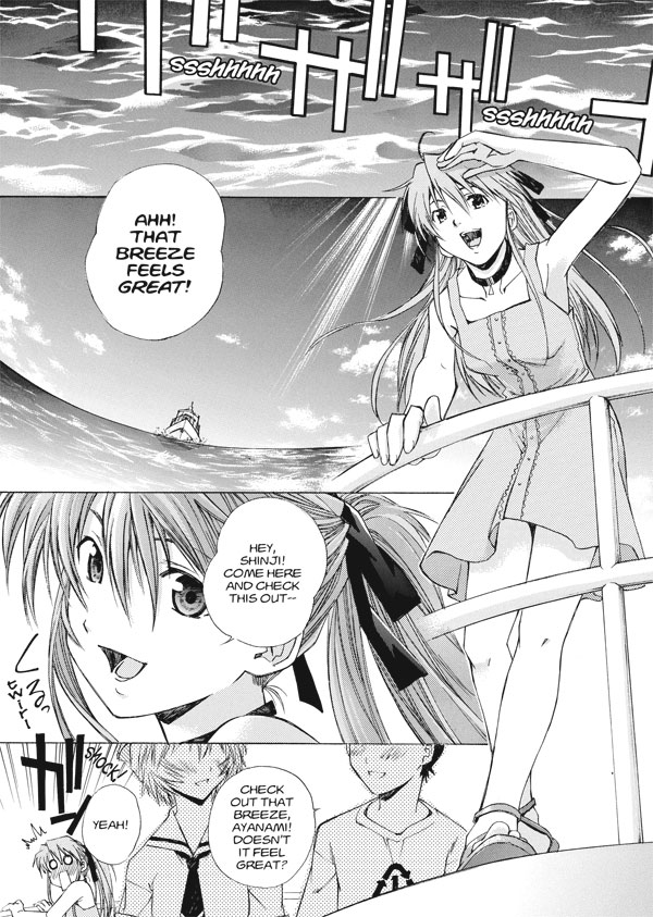 Asuka, Shinji, and Rei on a boat crossing the water, being all cute