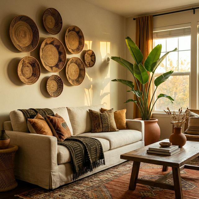 An Afrohemian living room with a cream linen sofa draped with charcoal and gold mudcloth, cluster of woven Tonga baskets on the wall, Bird of Paradise plant in terracotta pot, earthy warm tones and golden afternoon light