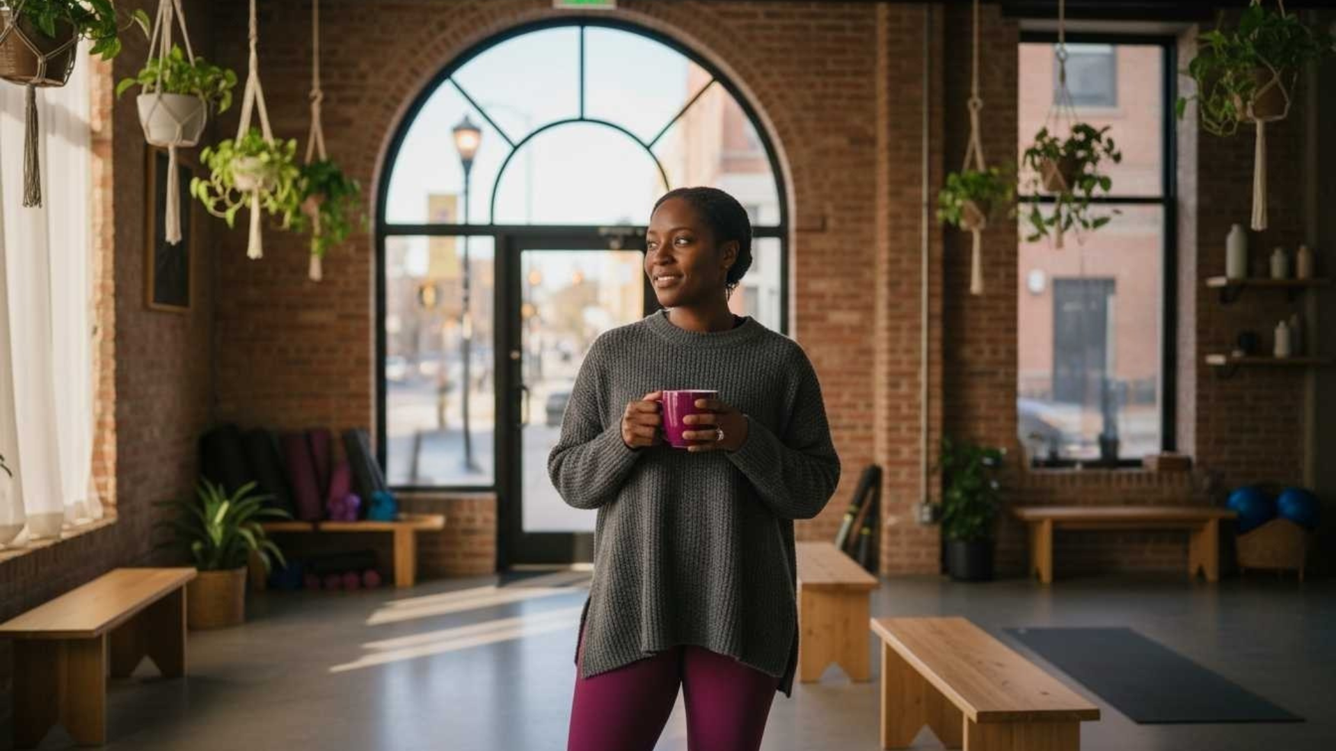 Black woman studio owner holding a mug and looking thoughtfully across a warm brick boutique fitness studio.