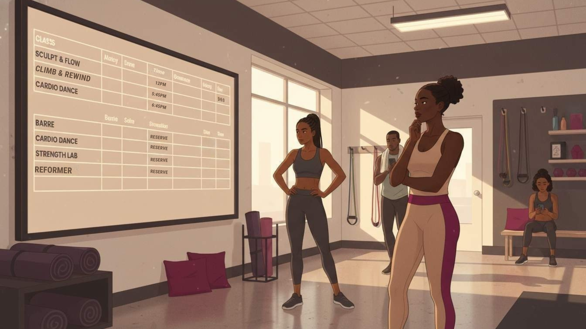 Fitness studio members reviewing a class schedule displayed inside a warm, modern studio.