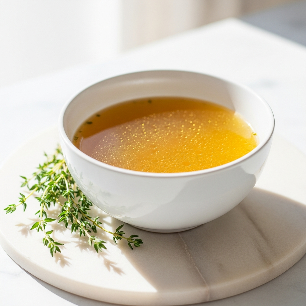Light and airy close-up of a white ceramic bowl of golden bone broth on a pale marble surface, fresh thyme alongside, bright natural daylight from the side