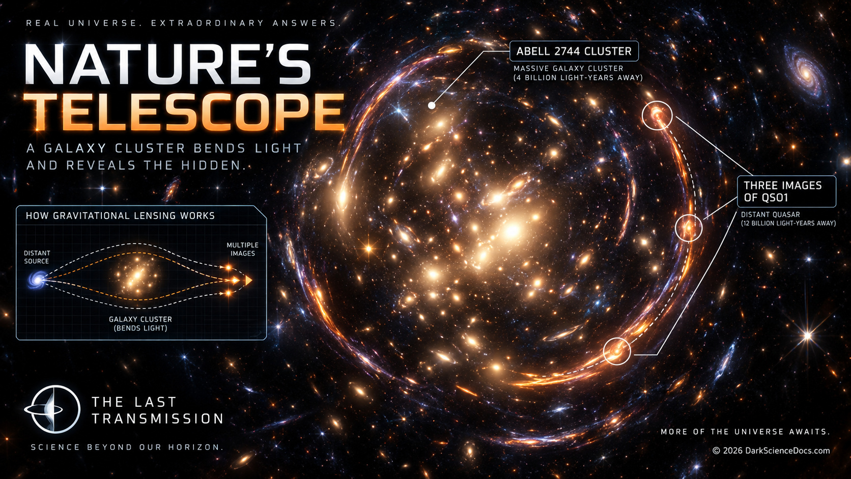 Concept artwork. A foreground cluster bends distant light into multiple apparent images.