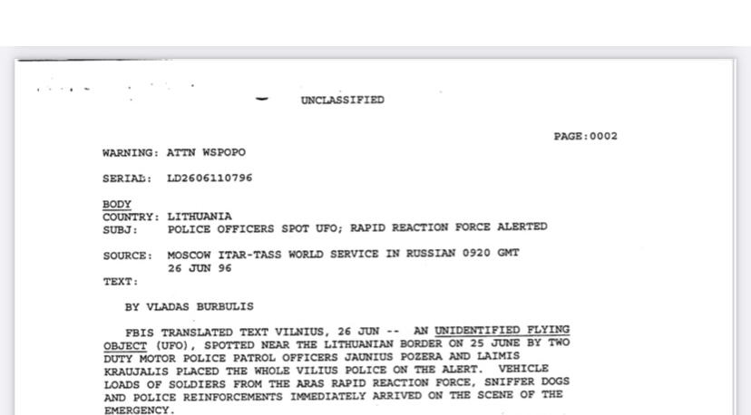 U.S. government UFO document: "SUBJ: POLICE OFFICERS SPOT UFO; RAPID REACTION FORCE ALERTED"
