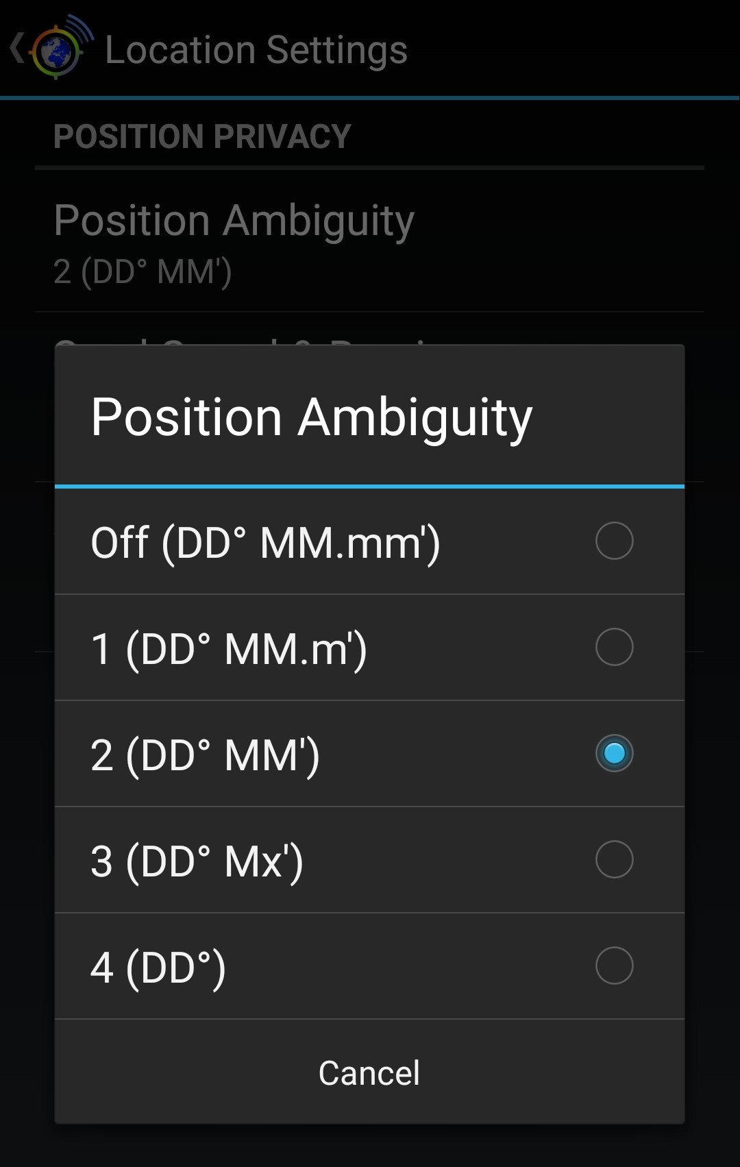 APRSdroid position ambiguity settings