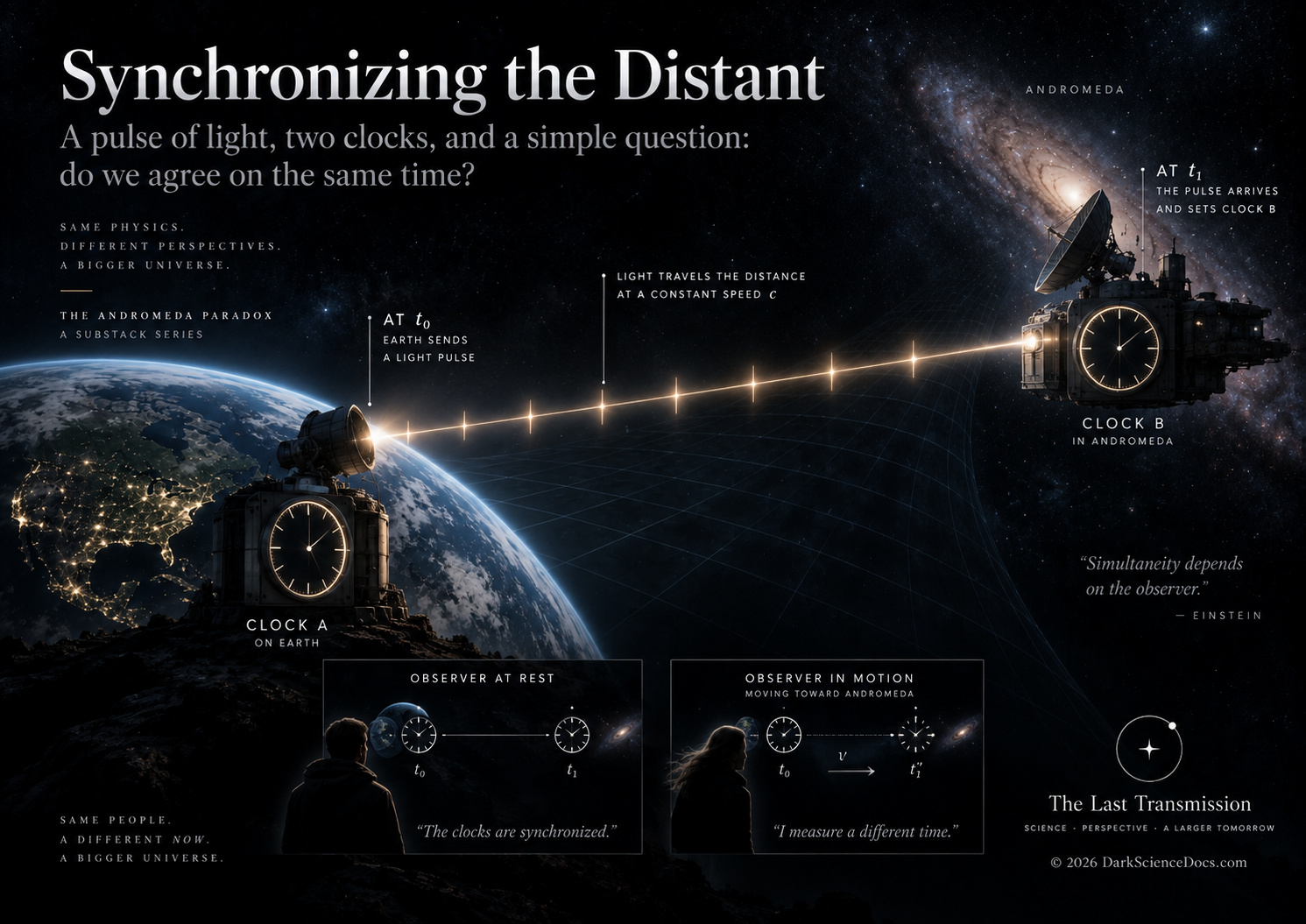 In the classic thought experiment, one observer can assign a post-launch event in Andromeda to the present while another assigns a pre-launch event to the same Earth moment.