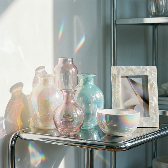 Opalescent glass vases with prismatic light