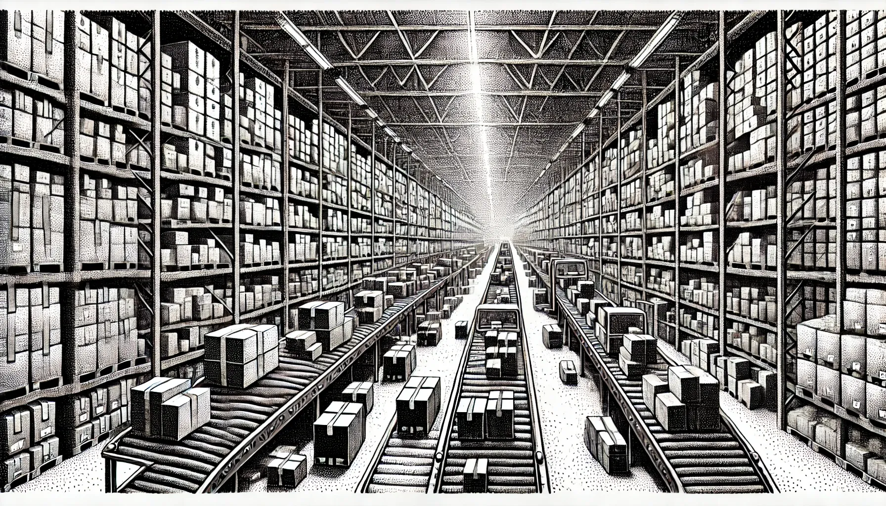 "A black and white pointillism artwork depicting a vast warehouse filled with countless packages, stacked and arranged in various sizes."