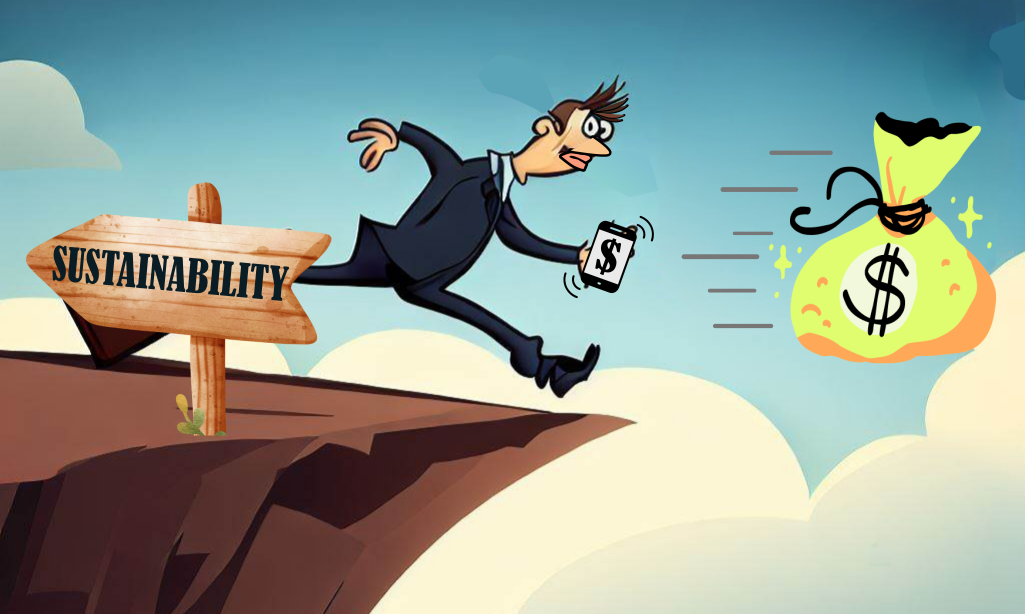 A business man is ignoring the sign pointing the way to sustainability to chase a bag of money that is flying off a cliff.
