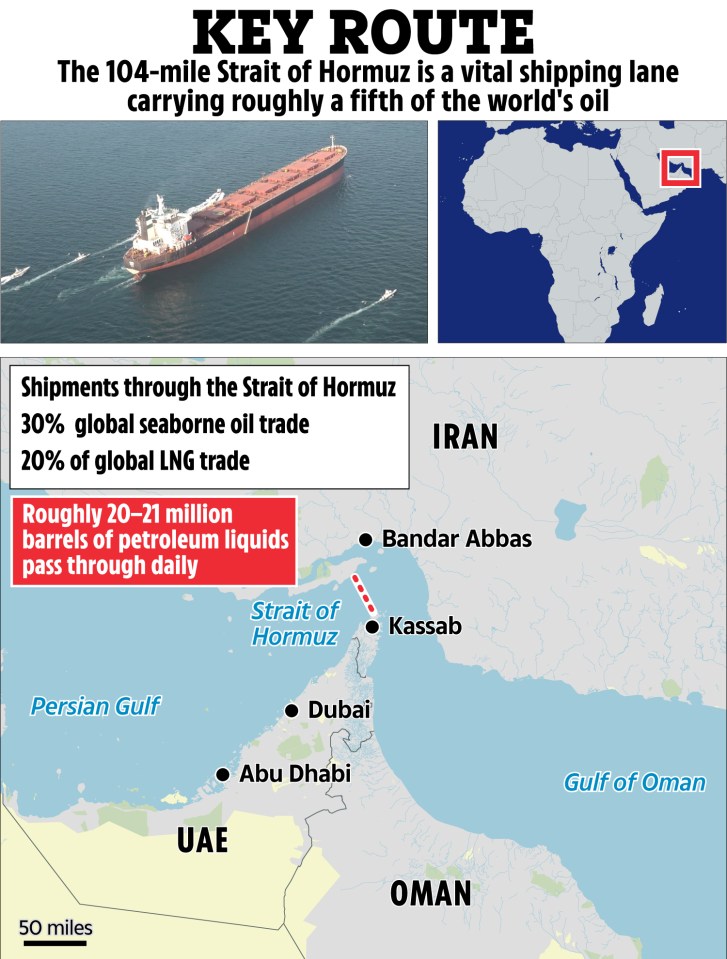Collage of a map, text, and an image illustrating the Strait of Hormuz as a vital shipping lane for global oil and LNG trade.