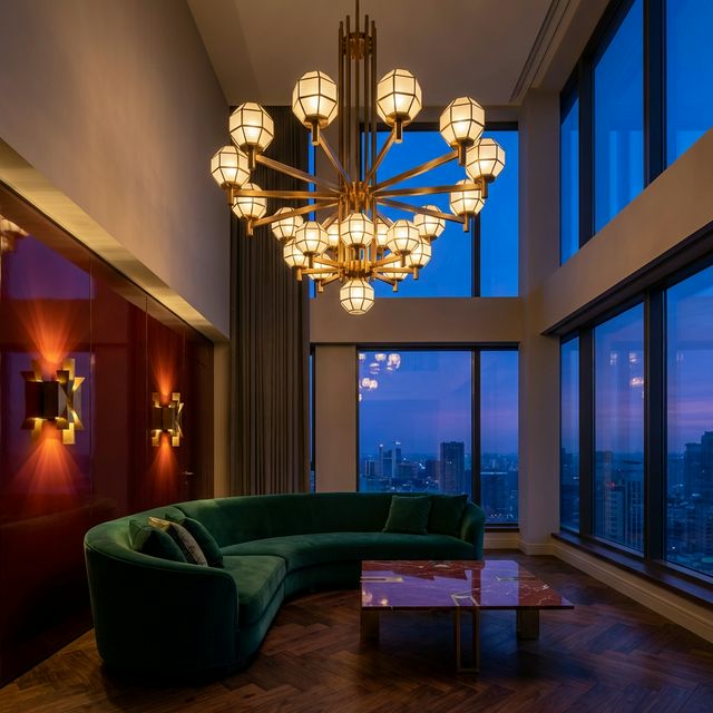 Neo Deco living room with tiered brass chandelier and emerald velvet sofa