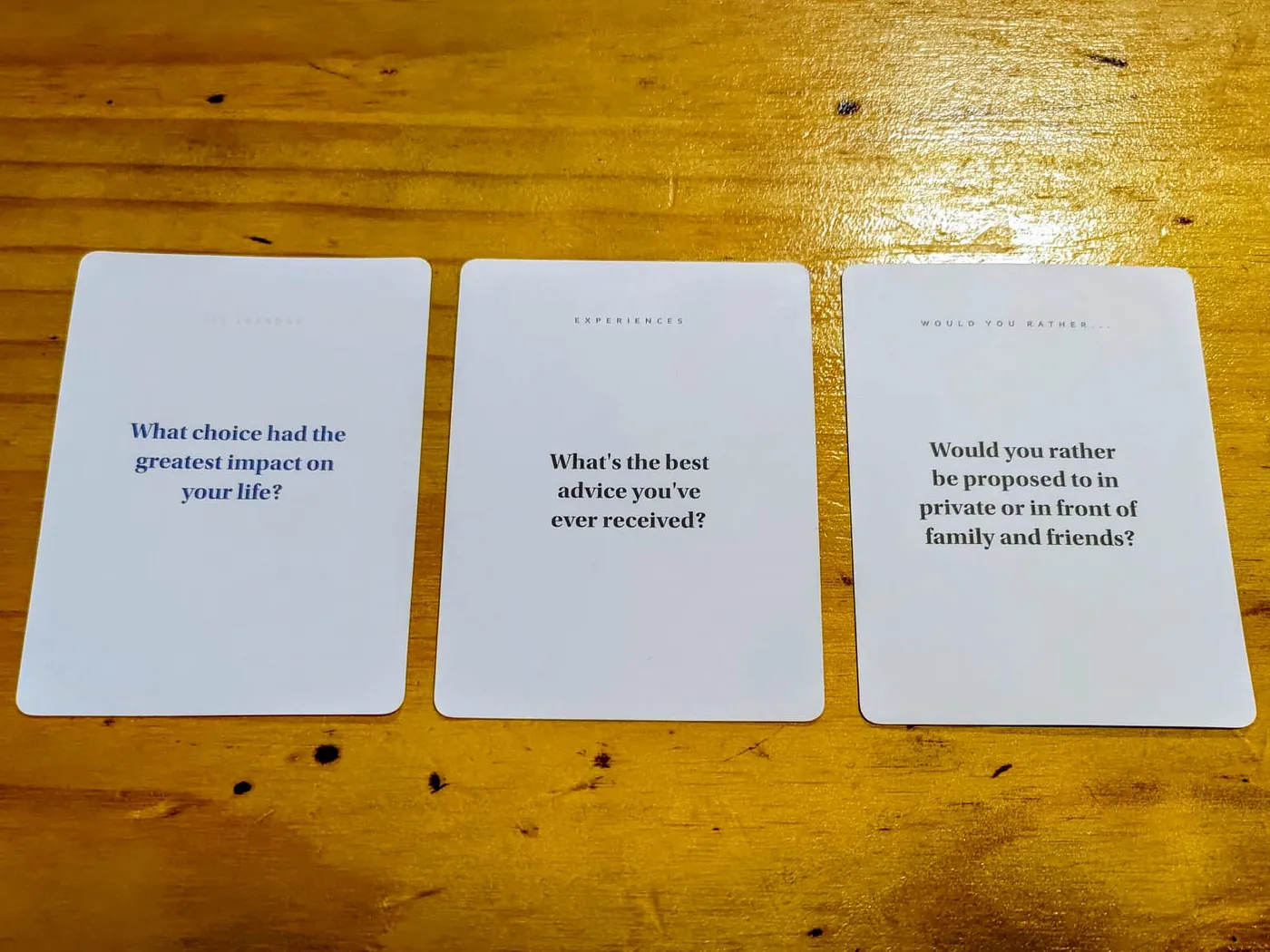 Question cards on table