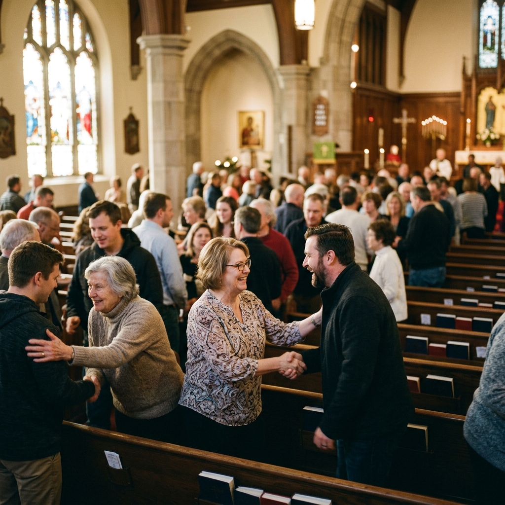 View from the back row of a church sanctuary looking forward toward the pulpit with empty seats around
