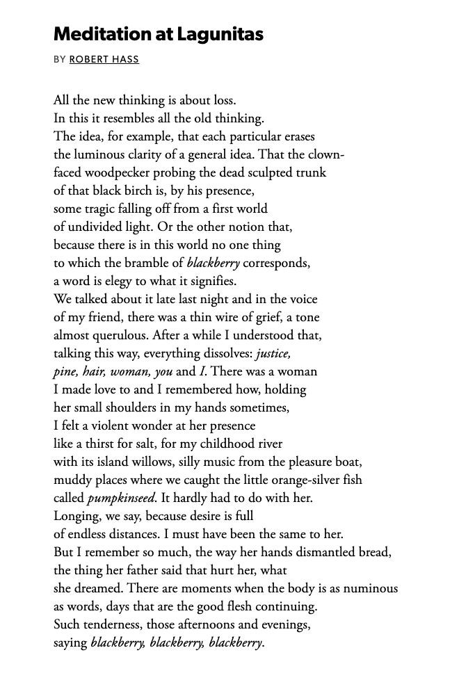 The text of the poem "Meditation at Lagunitas" by Robert Hass: All the new thinking is about loss. In this it resembles all the old thinking. The idea, for example, that each particular erases the luminous clarity of a general idea. That the clown- faced woodpecker probing the dead sculpted trunk of that black birch is, by his presence, some tragic falling off from a first world of undivided light. Or the other notion that, because there is in this world no one thing to which the bramble of blackberry corresponds, a word is elegy to what it signifies. We talked about it late last night and in the voice of my friend, there was a thin wire of grief, a tone almost querulous. After a while I understood that, talking this way, everything dissolves: justice, pine, hair, woman, you and I. There was a woman I made love to and I remembered how, holding her small shoulders in my hands sometimes, I felt a violent wonder at her presence like a thirst for salt, for my childhood river with its island willows, silly music from the pleasure boat, muddy places where we caught the little orange-silver fish called pumpkinseed. It hardly had to do with her. Longing, we say, because desire is full of endless distances. I must have been the same to her. But I remember so much, the way her hands dismantled bread, the thing her father said that hurt her, what she dreamed. There are moments when the body is as numinous as words, days that are the good flesh continuing. Such tenderness, those afternoons and evenings, saying blackberry, blackberry, blackberry.