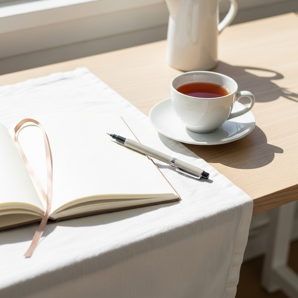 Bright photograph of a light wood desk with an open notebook, a fine-liner pen, and a small white ceramic cup of tea, shot in bright natural daylight on a white linen surface