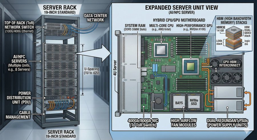 Figure 1: Inside a data center — racks, servers, and Top-of-Rack switches