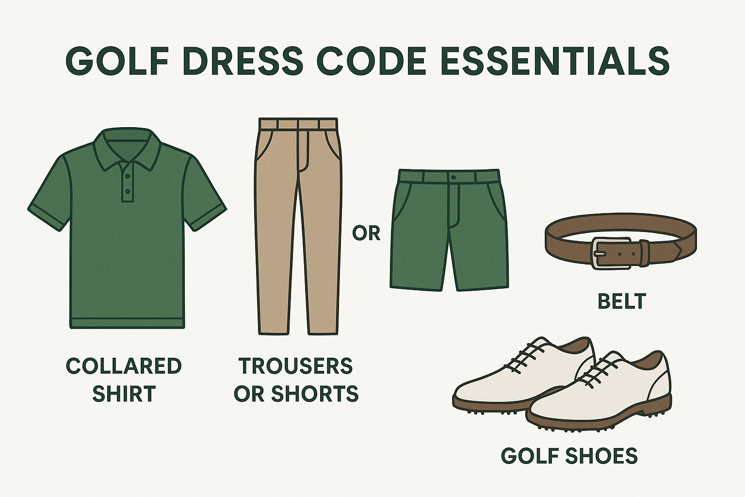 Golf dress code essentials infographic showing five required clothing items: a green collared polo shirt labeled "COLLARED SHIRT," khaki trousers and green golf shorts labeled "TROUSERS OR SHORTS" with "OR" text between them, a brown leather belt with metal buckle labeled "BELT," and cream-colored golf shoes with spikes labeled "GOLF SHOES." The title "GOLF DRESS CODE ESSENTIALS" appears at the top in large dark green text. All items are illustrated in clean line art style with consistent color scheme of greens, khaki, brown, and cream on a light background.