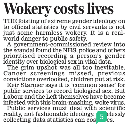 Wokery costs lives Daily Mail21 Mar 2025 THE foisting of extreme gender ideology on to official statistics by civil servants is not just some harmless wokery. It is a realworld danger to public safety. A government-commissioned review into the scandal found the NHS, police and others prioritised recording a person’s gender identity over biological sex in vital data. The grim upshot was all too inevitable. Cancer screenings missed, previous convictions overlooked, children put at risk. Keir Starmer says it is ‘common sense’ for public services to record biological sex. But Labour and the Left themselves have become infected with this brain-mashing, woke virus. Public services must deal with scientific reality, not fashionable ideology. Carelessly collecting data statistics can cost lives.