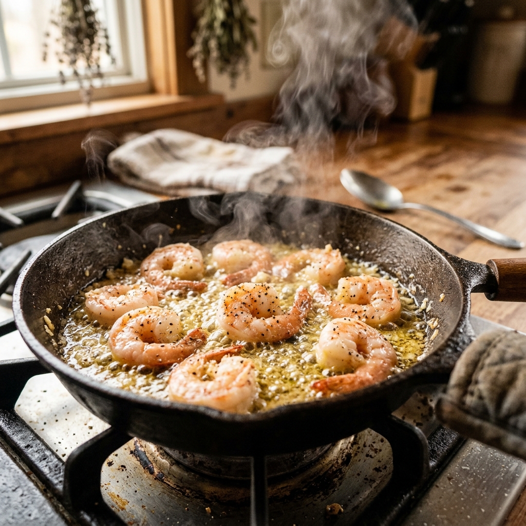 A close-up photograph of plump shrimp sizzling in a hot cast-iron skillet with bubbles of golden avocado oil and tiny flecks of black pepper. The shot is captured at a low angle with a shallow depth of field, highlighting the steam rising from the pan.
