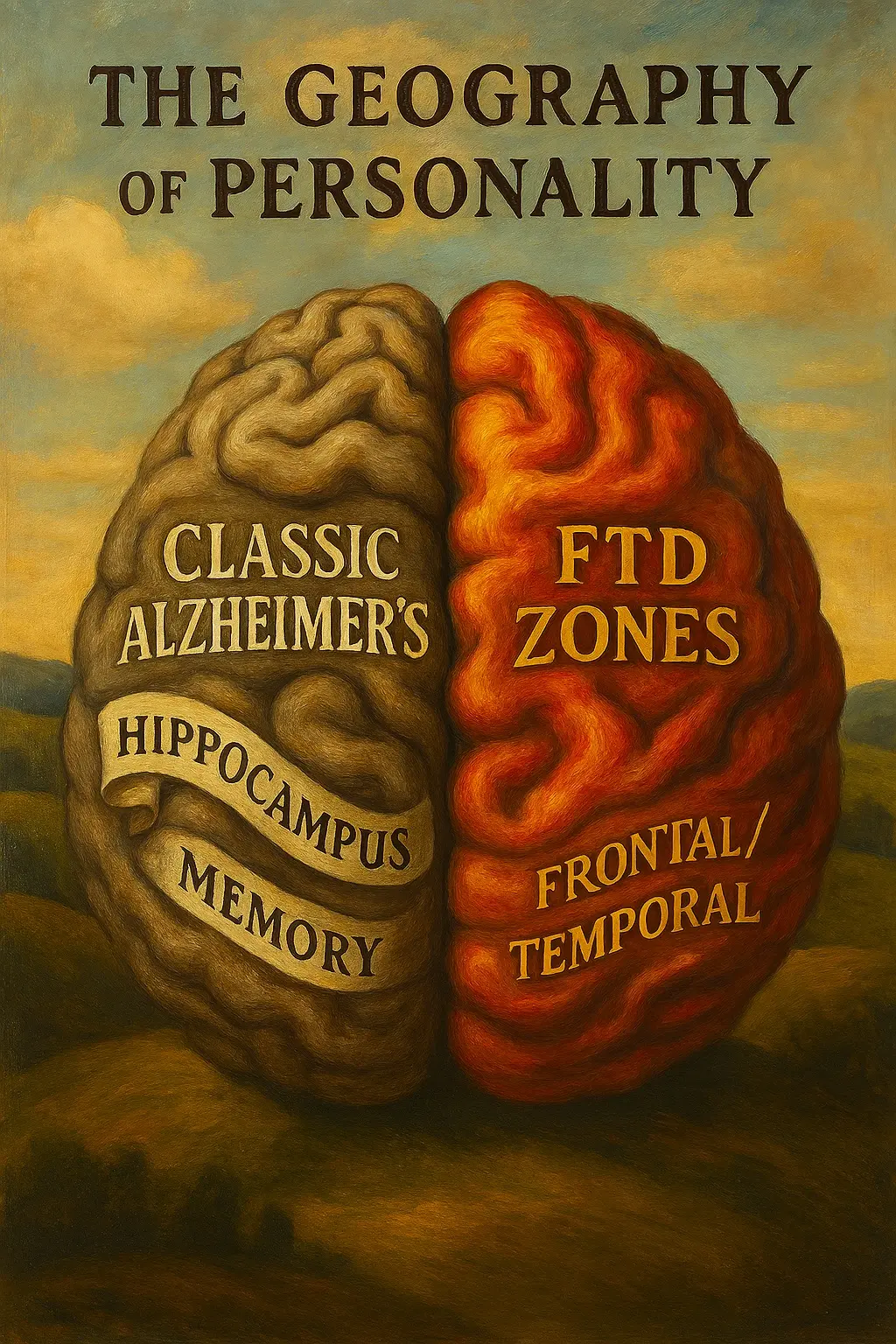Infographic by Tommy T. Douglas comparing brain atrophy in Alzheimer's (Hippocampus) vs Frontotemporal Dementia (Frontal and Temporal lobes).