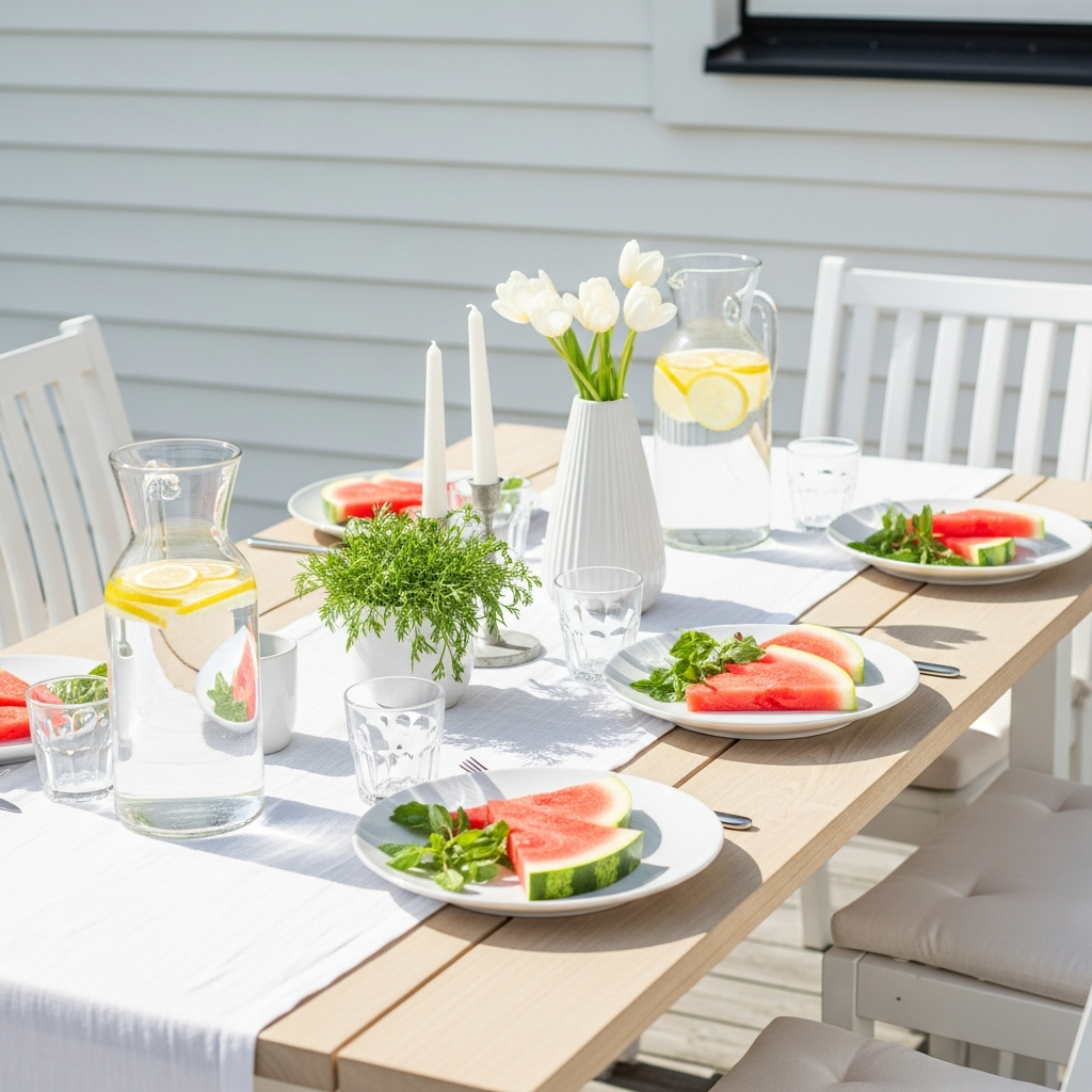 Bright photograph of a summer backyard table set for a gathering — white plates, watermelon slices, fresh herbs, lemon water in glass pitchers, sunlit on a light wood table with a white linen runner